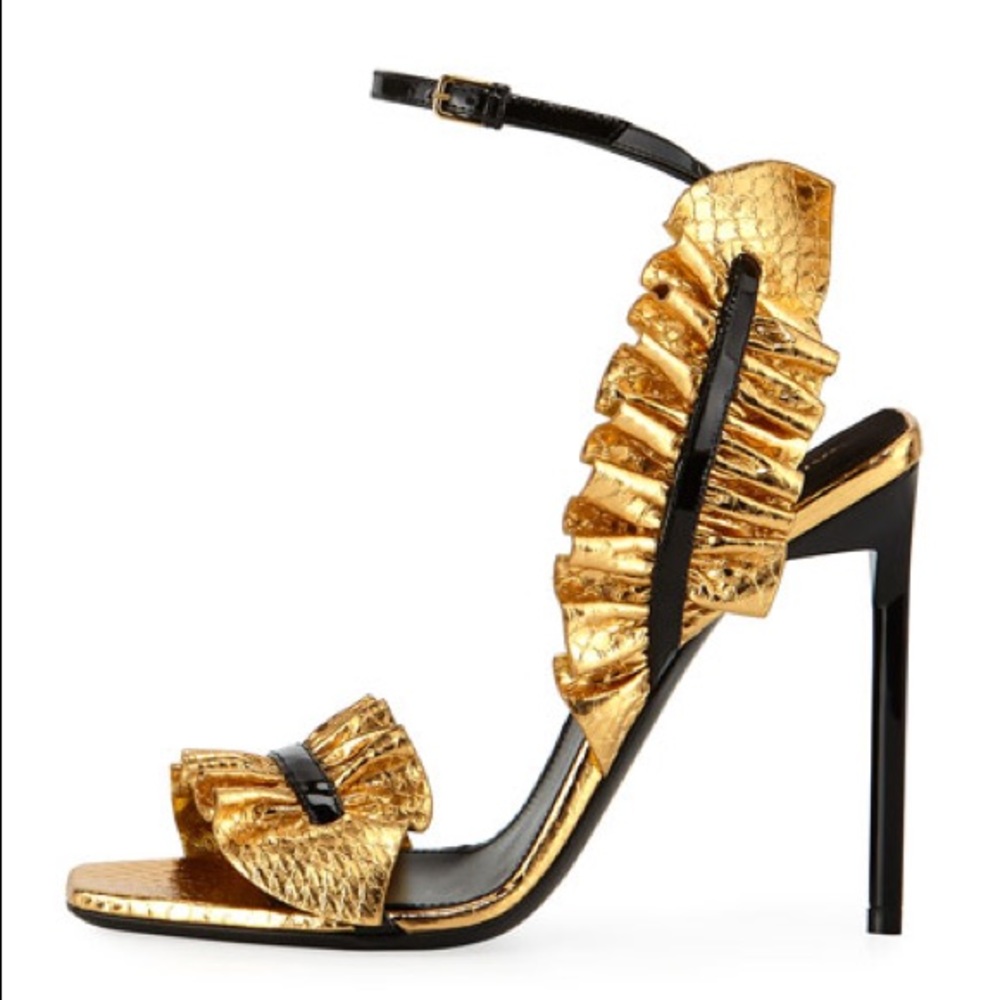 Saint Laurent Gold Snakeskin Ruffled Sandal Heels